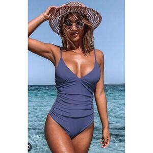 Cupshe Women Navy Blue Ruched Tummy Control One Piece Swimsuit ASL9035LR Size S